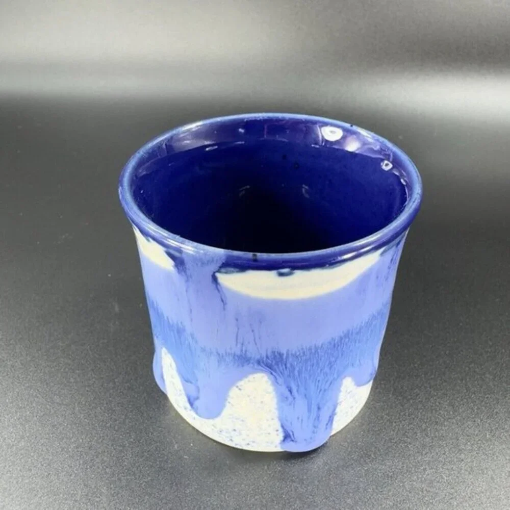 Vintage 1980s Blue Drip‎ Glaze Pottery Coffee Mug Cup Set 2 Hand Made Stoneware